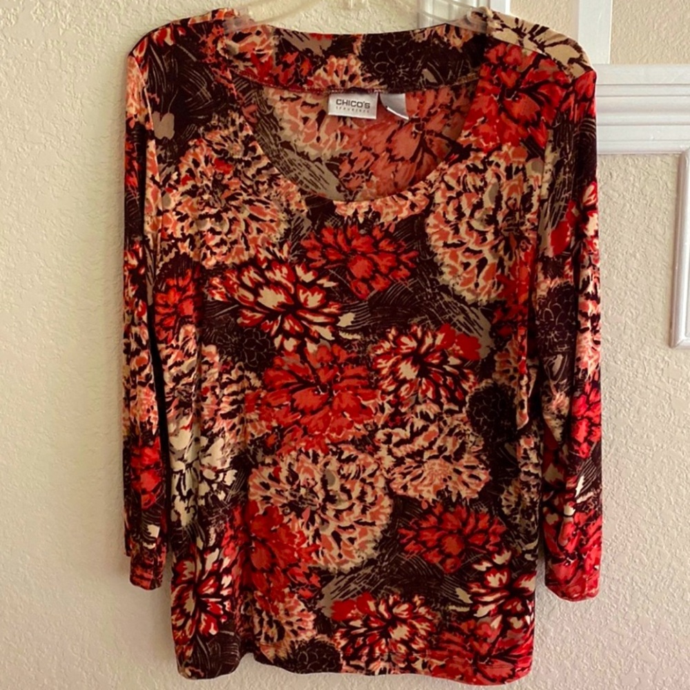 Chico’s Travelers Collection Brown Floral 3/4 Sleeve Blouse Size Large